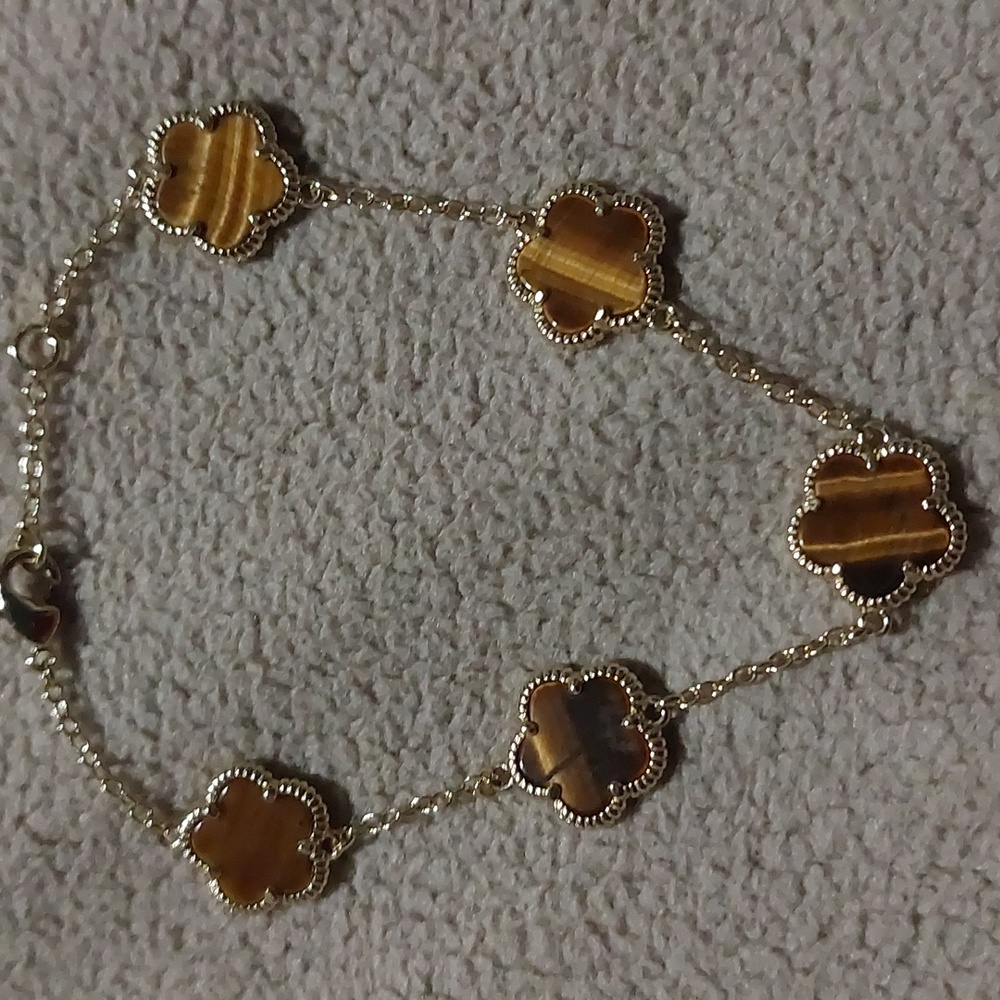 Flower 14K Goldplated & Tiger Eye Stone Clover Station Bracelet